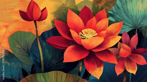 Wallpaper Mural Vibrant Red Lotus Flowers Artistic Botanical Illustration Dark Green Leaves Nature Inspired Digital Painting Stunning Floral Artwork Elegant Exotic Bloom High Resolution  Torontodigital.ca