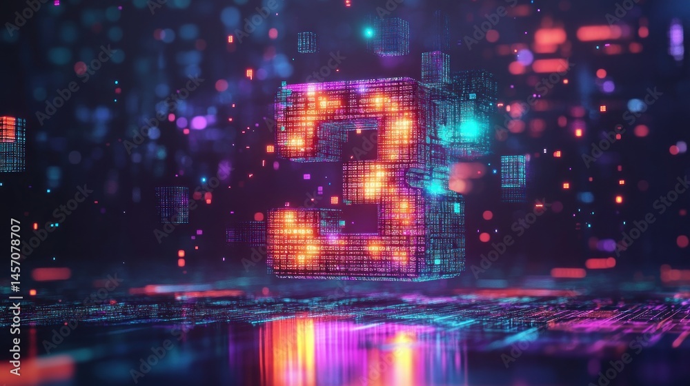 Fototapeta premium Digit three, glowing digital display, futuristic abstract background