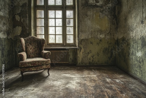Abandoned room with worn armchair by window.  Interior view of a decaying space, showing an old, patterned armchair positioned near a large window.  Floors and walls are damaged and discolored