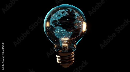 Isometric 3D render of a glass light bulb with a digital Earth map pulsing with light, emphasizing renewable energy in a high-tech style