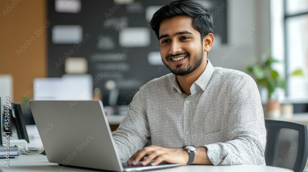 Smiling Person Working on a Laptop in Office