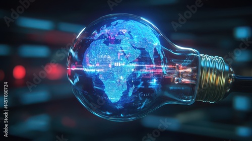 Isometric 3D render of a glass light bulb with a digital Earth map pulsing with light, emphasizing renewable energy in a high-tech style