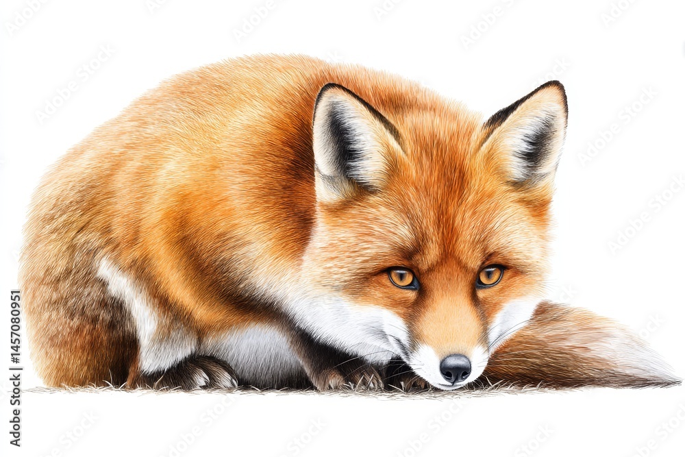 Fototapeta premium Red Fox in Winter - A beautiful red fox sits low to the ground, its fur appearing thick and luxurious against a white background. The fox's gaze is intense, and its expression is one of alertness