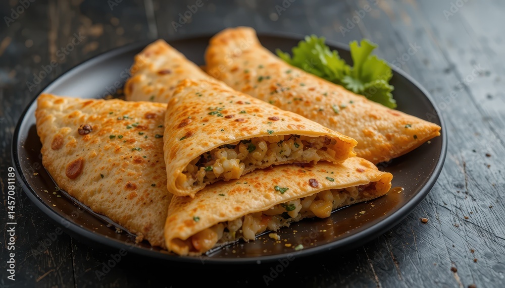 Delicious, golden-brown, savory pastries on a dark plate. Delicious, golden-brown, savory pastries on a dark plate.