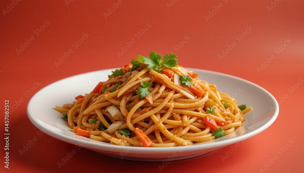 A vibrant plate of savory, mixed stir-fried noodles. A vibrant plate of savory, mixed stir-fried noodles.
