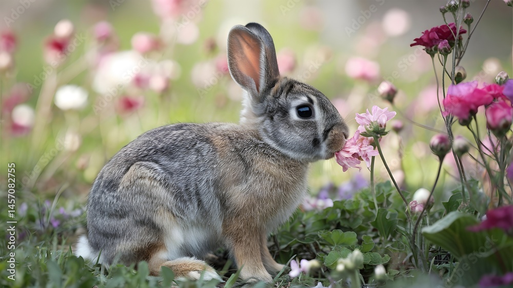 Fototapeta premium A captivating close-up of a rabbit surrounded by colorful flowers, creating a vibrant spring scene. This image portrays nature's beauty and the innocence of wildlife. 