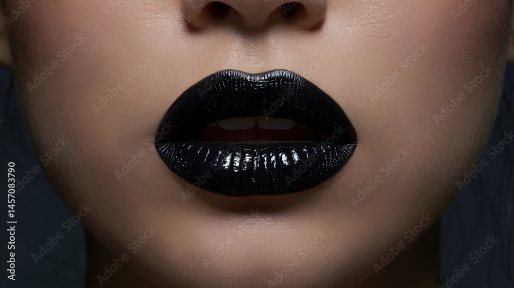 Obraz premium The captivating close-up of luscious black lipstick on a beautiful face. The lipstick has a glossy sheen, accentuating the lips' shape