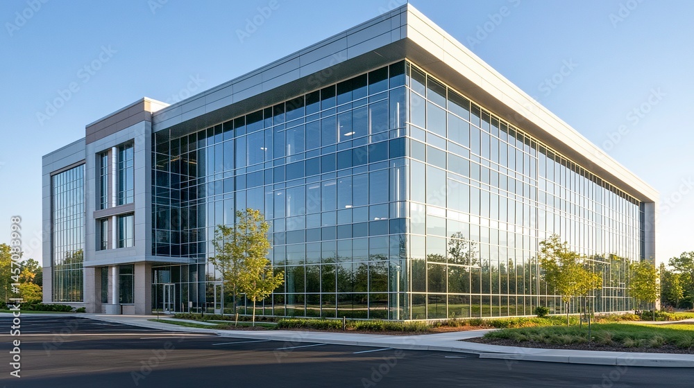 Obraz premium Large building exterior with closed windows evenly spaced clean lines reflective surfaces corporate and modern aesthetic. 