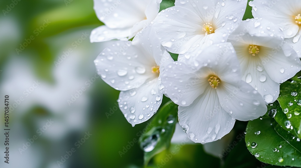 Obraz premium Close-up of white flowers with raindrops on their petals, highlighting their delicate beauty and fresh appearance against a blurred green background.