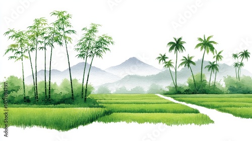 Wallpaper Mural Serene Rice Paddy Landscape - Tranquil watercolor painting of a rice paddy field, bamboo trees, palm trees, and misty mountains. Ideal for nature, travel, or Asian-themed projects Torontodigital.ca
