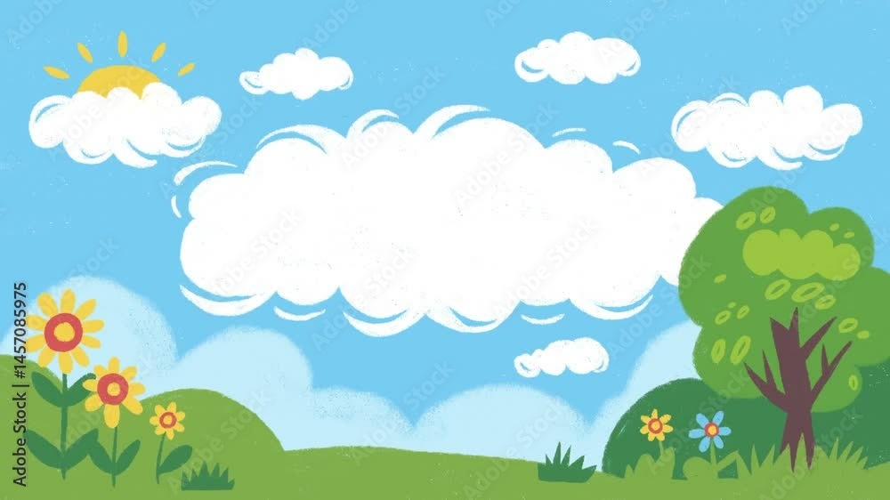 Hand-drawn summer landscape with grass and trees, space for text, motion background Hand-drawn summer landscape with grass and trees, space for text, motion background