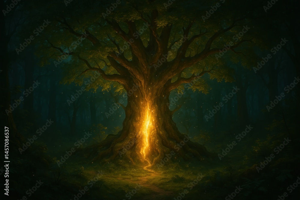 Obraz premium A forest with an ancient tree emitting light