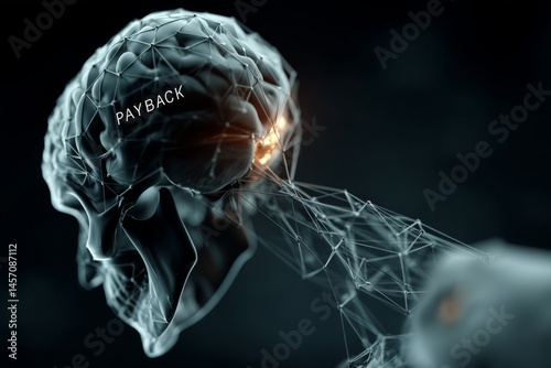 Abstract human skull connected by plexus network symbolizing payback, vengeance, or revenge against the machine on dark background