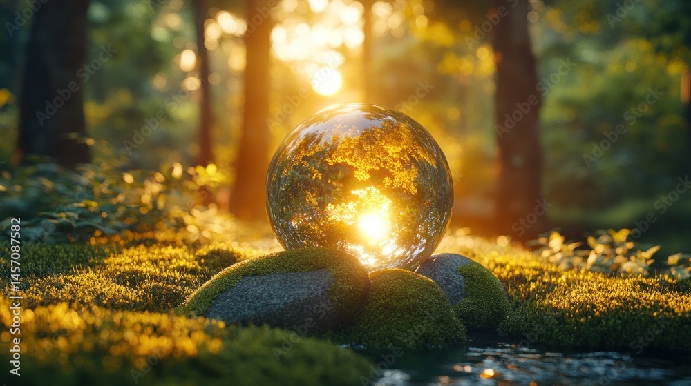 Crystal sphere resting on rocks in a forest at sunset Crystal sphere resting on rocks in a forest at sunset