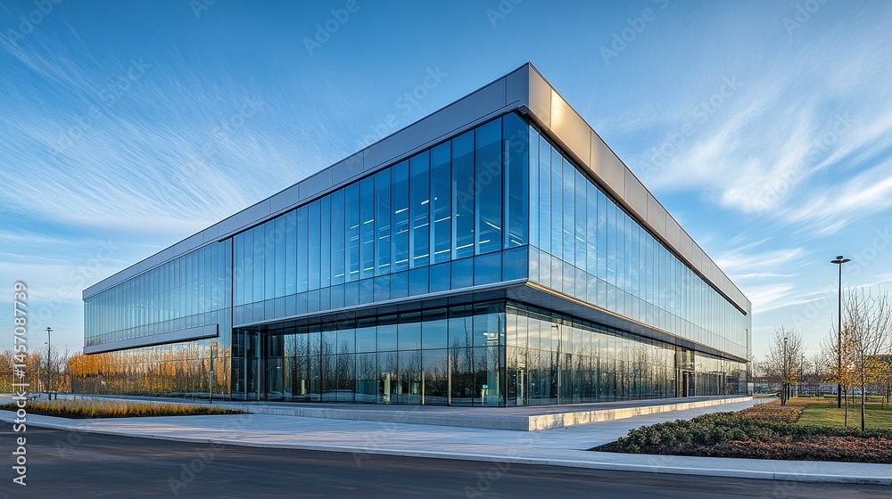 Obraz premium Low-angle view of a sleek modern building with reflective glass facade sharp lines vibrant blue sky clean urban aesthetic 