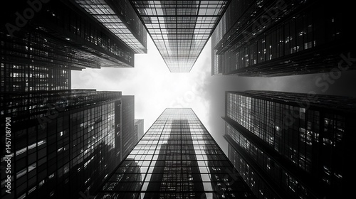 Low-angle view of a sleek skyscraper sharp geometric lines glass facade rising toward the sky dynamic focus from bottom to top.  