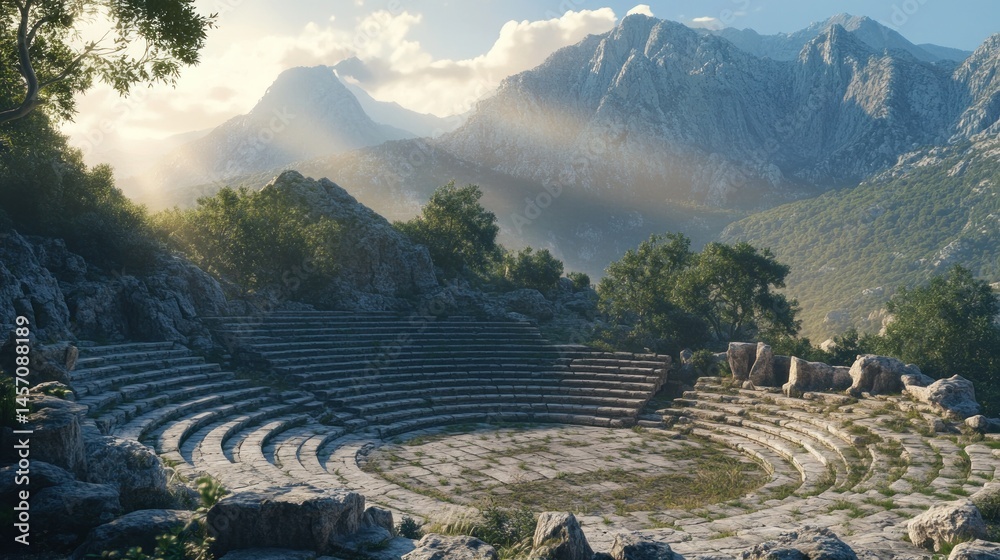 Ancient amphitheater nestled amidst mountain peaks, bathed in golden sunlight Ancient amphitheater nestled amidst mountain peaks, bathed in golden sunlight