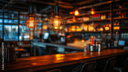 Cozy dimly lit industrial bar with wooden counter and warm lighting