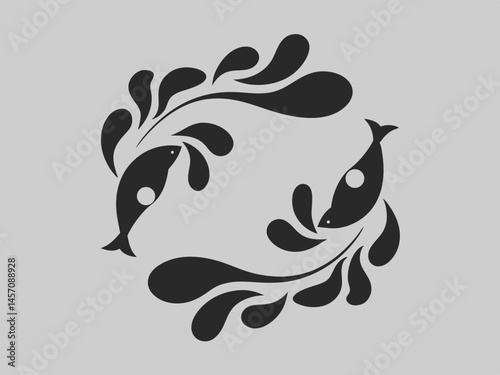 Elegant stylized fish design circular pattern black silhouettes on grey background Simple minimalist art Perfect for