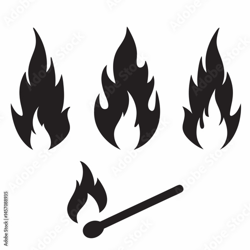 Striking Match Flames Vector Graphics Black Silhouette Fire Icons Ignition Burning Heat Design Elements Simple Clean