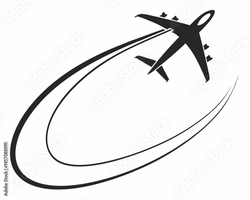 Airplane soaring high dynamic flight path sleek design elegant lines black silhouette on white vector illustration