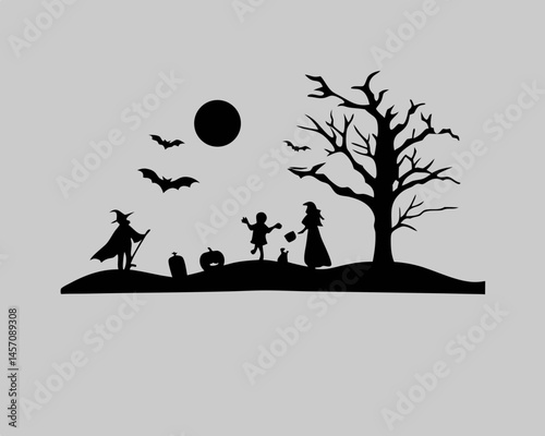 Spooky Halloween Night Witches Bats Trick or Treaters Silhouette simple black design on grey background