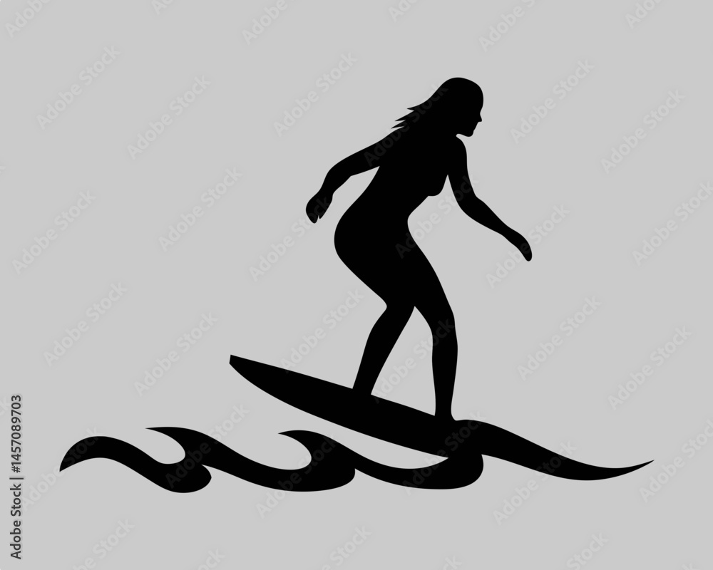 Silhouette of a surfer girl riding a wave bold black design on gray background stylized illustration of surfing powerful Silhouette of a surfer girl riding a wave bold black design on gray background stylized illustration of surfing powerful