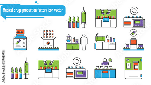 Medical drugs production factory icon vector