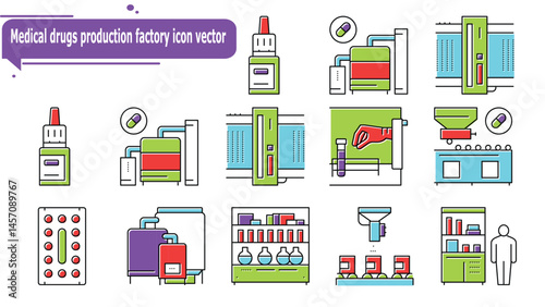 Medical drugs production factory icon vector