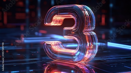 3D rendered, glowing, transparent number three, futuristic scene