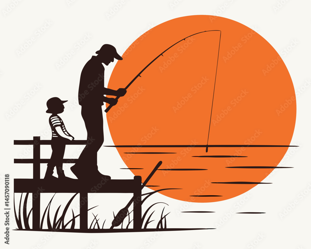 Obraz premium Father and Son Silhouette Fishing at Sunset Simple Minimalist Artwork with Bold Shapes and Contrasting Colors against a