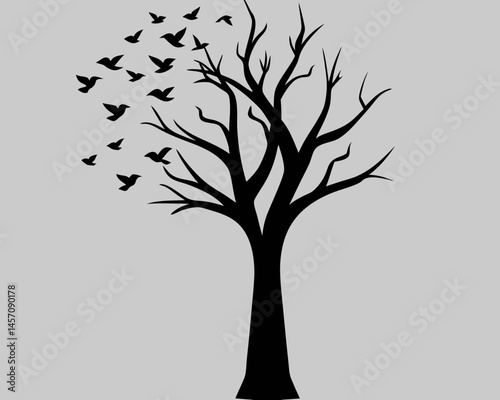 Silhouette of a tree with birds taking flight symbolic of change and new beginnings Minimalist black and grey design
