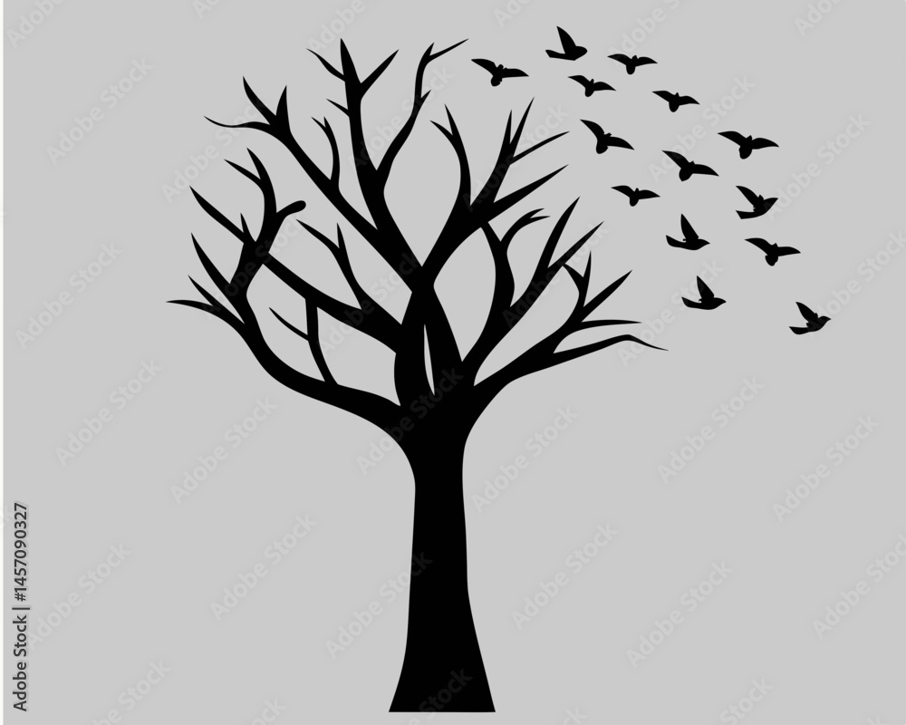 Fototapeta premium Bare Tree Silhouette Birds Taking Flight Elegant Minimalist Art Black and Gray Simple Design Nature Artwork Vector