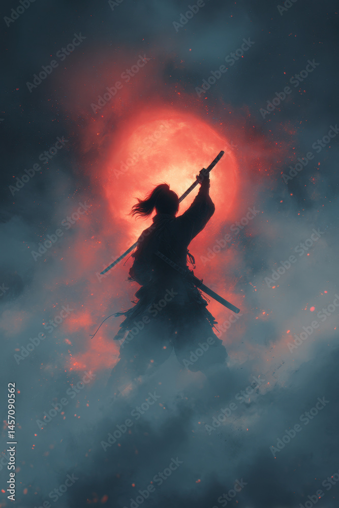 Naklejka premium In a striking display of strength, a female samurai holds her sword high against a vivid red moon, shrouded in mist. The powerful stance signifies determination amid a mysterious atmosphere