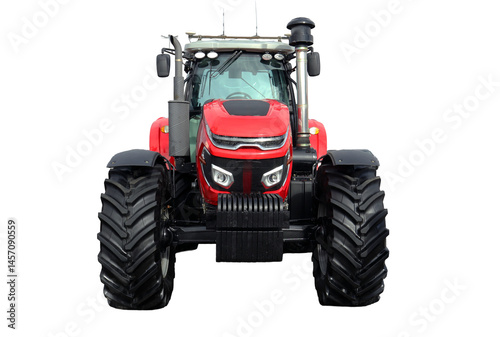 This striking red farm tractor stands prominently, highlighting its powerful front view. Equipped for various agricultural tasks, it embodies strength and efficiency in rural farming activities. photo