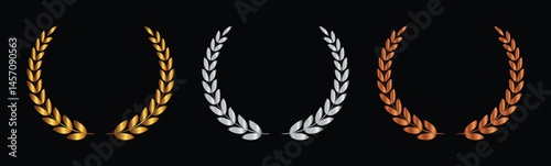 Realistic Laurel wreath gold, silver and bronze icon, set of gold, silver, and bronze laurel wreath isolated on black background, laurel frame ranking decoration. Vector stock illustration