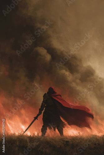 A figure clad in black armor brandishes a sword while standing amidst towering flames and thick smoke. The ominous atmosphere suggests a fierce battle or a dramatic confrontation