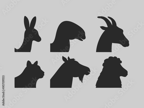 Six striking animal silhouettes A cat goat sheep and more elegantly depicted in simple black shapes against a muted gray