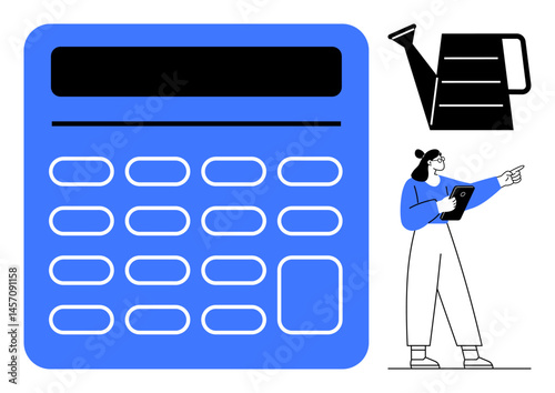 Woman holding tablet points confidently near a large blue calculator and watering can. Ideal for finance, education, business planning, personal growth, productivity, teamwork, simple landing page