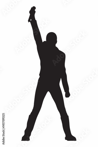 Powerful singer silhouette microphone held high dynamic pose bold black shape stark white background strong contrast