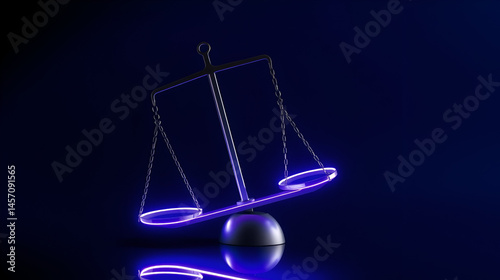 A tilted glow mesh balance scale floating in a minimalist digital background symbolizing the concept of justice imbalance and in the legal system or social structure