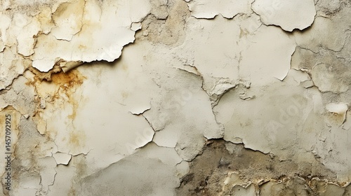 Weathered peeling paint on cracked wall surface with textured decay