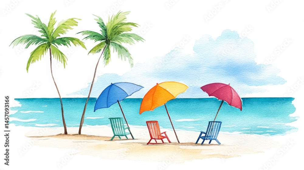 Tropical Beach Paradise - Serene watercolor painting of a tranquil beach scene with palm trees, colorful umbrellas, and beach chairs. Perfect for travel or vacation themes Tropical Beach Paradise - Serene watercolor painting of a tranquil beach scene with palm trees, colorful umbrellas, and beach chairs. Perfect for travel or vacation themes