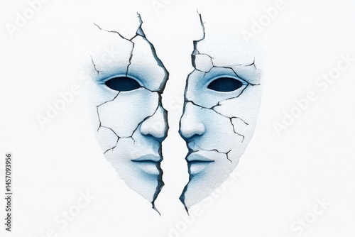 Unveiling the Dual Self Watercolor Mask - A cracked mask reveals a second face, symbolizing duality, hidden identity, vulnerability, transformation, and inner conflict photo