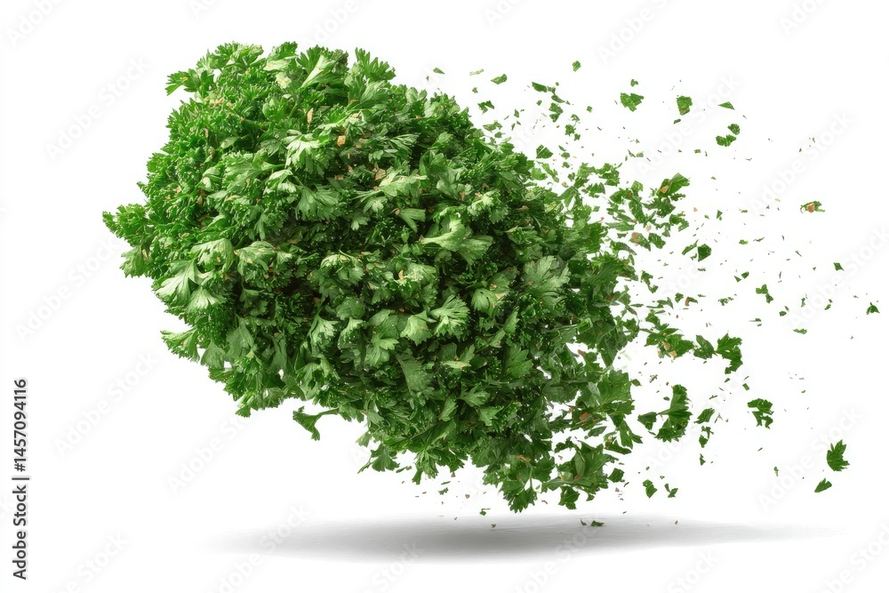 Obraz premium Falling chopped parsley flakes on white background, isolated herb