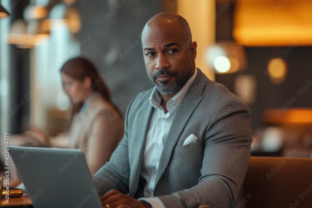 Fototapeta premium Confident businessman works on laptop in modern cafe, showcasing professionalism and success.