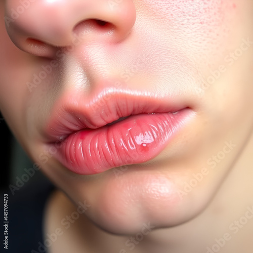 Viral skin diseases - herpes labialis. Visible lesion on the skin of the lips in a young man. Close frame.