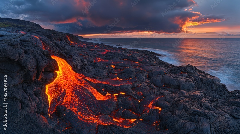 Fototapeta premium Molten lava flowing into ocean water under a cloudy sunset sky