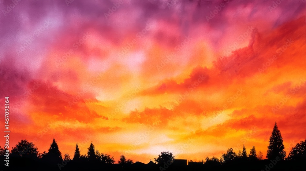 Obraz premium Vibrant Sunset Sky over Silhouetted Trees - A breathtaking sunset with vibrant orange, pink, and purple hues illuminates the sky above a dark silhouette of trees