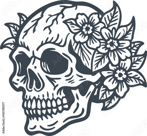 Engraving style illustration of a human skull with floral elements growing through it, vintage tattoo-style etching in black and white

